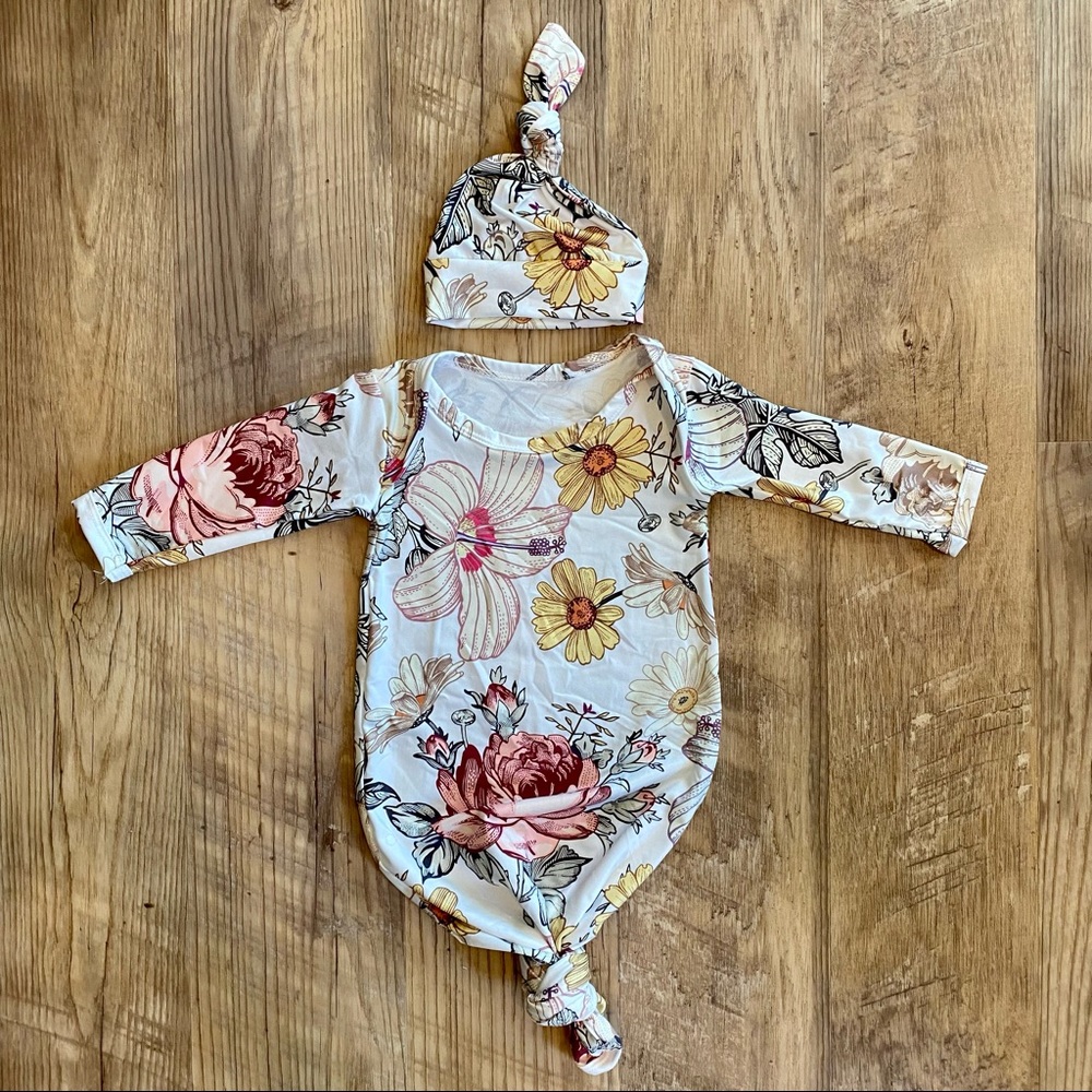 Floral Baby Knotted Gown With Hat